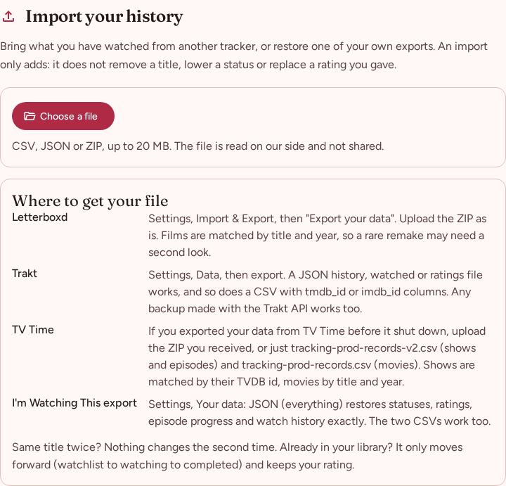 The Import page: a Choose a file button and a short note on where each tracker keeps its export.