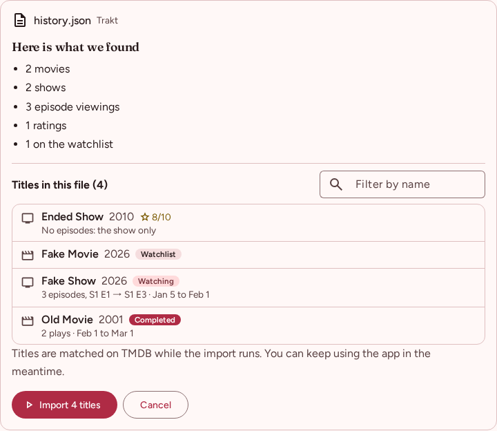 The import preview: the counts, then every title in the file with its year, the status it will get, its episodes or plays, its dates and its rating.